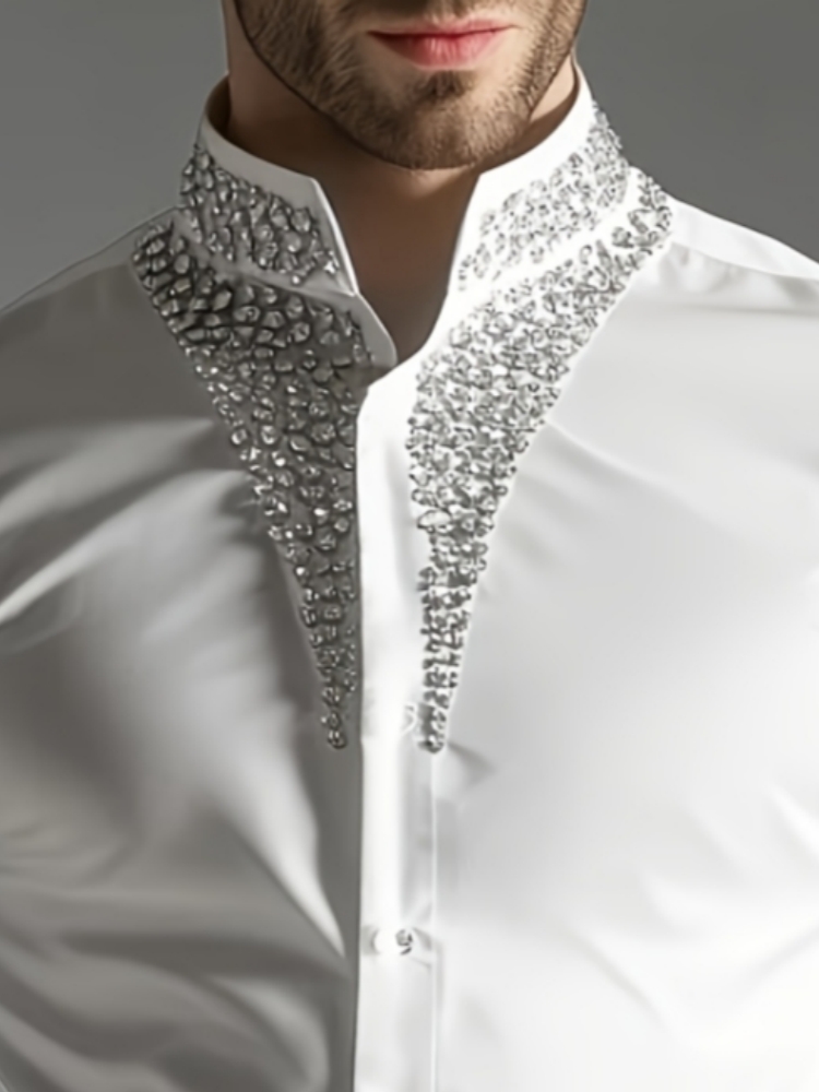 Mandarin Collar Formal Shirt Slim Fit - Luxe strass overhemd voor heren, mandarijnkraag,