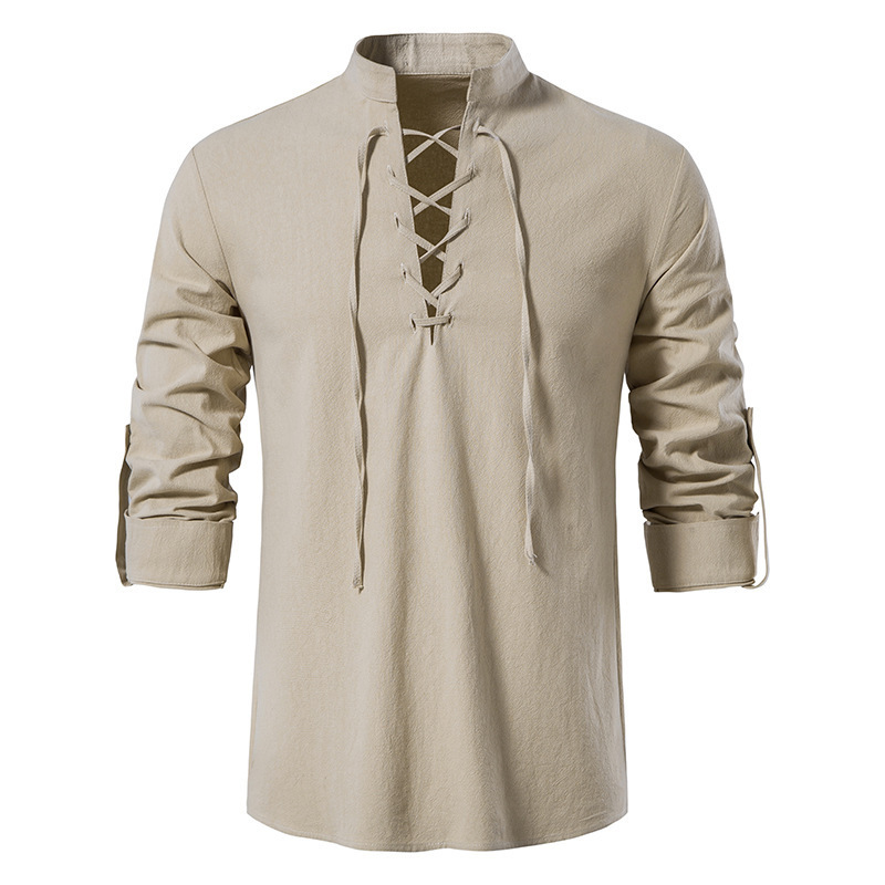 Mens Linen Shirt Long Sleeve - Heren middeleeuws katoenen linnen overhemd met