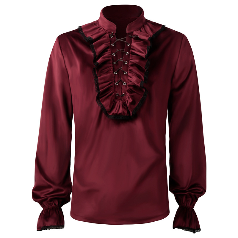Medieval Gothic Lace Up Pirate Shirt - Red Lace Up Ruches Lantaarn Mouwen
