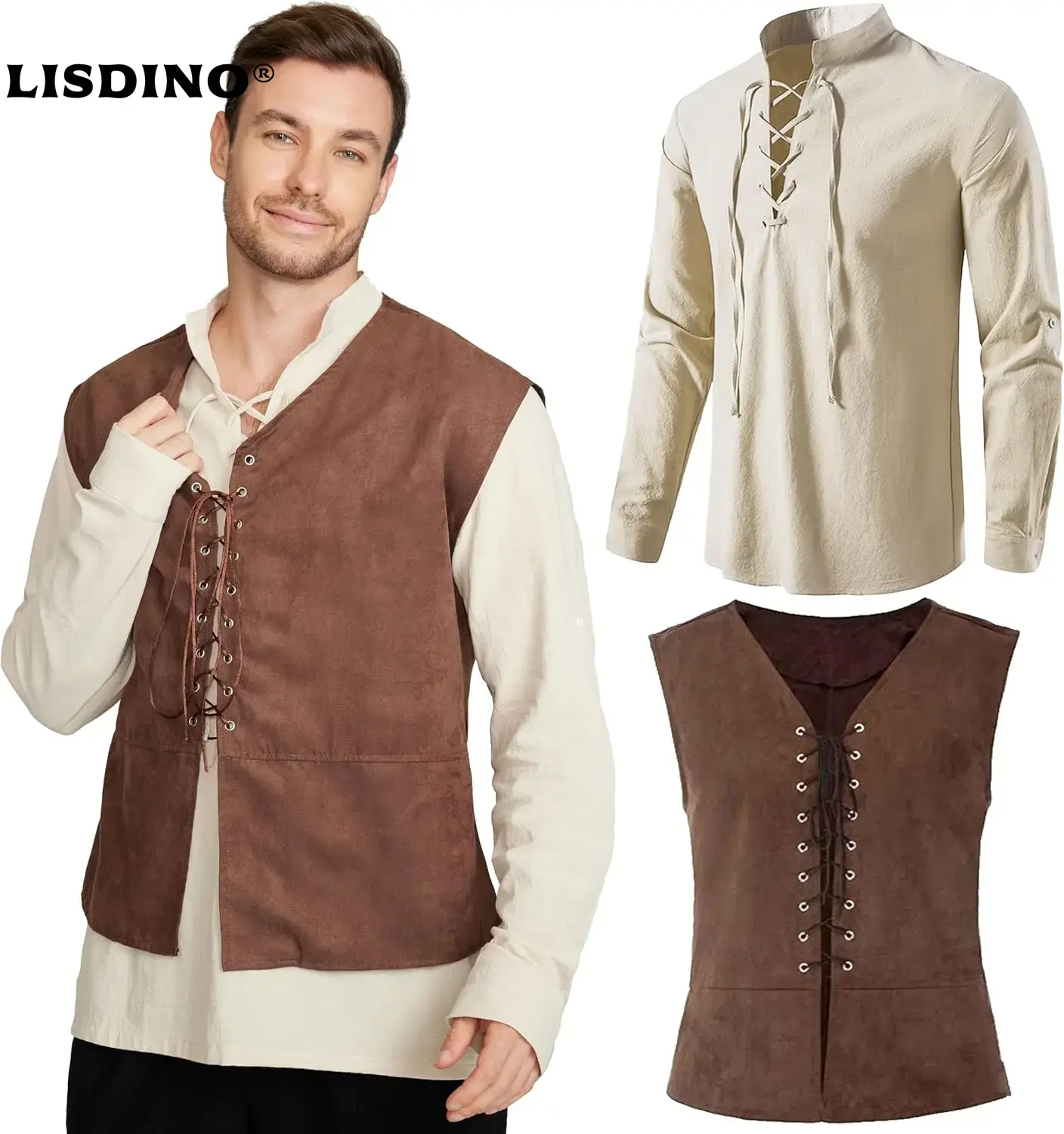 Medieval Gothic Lace Up Pirate Shirt - 2-delige set Middeleeuws piraatvest voor heren,