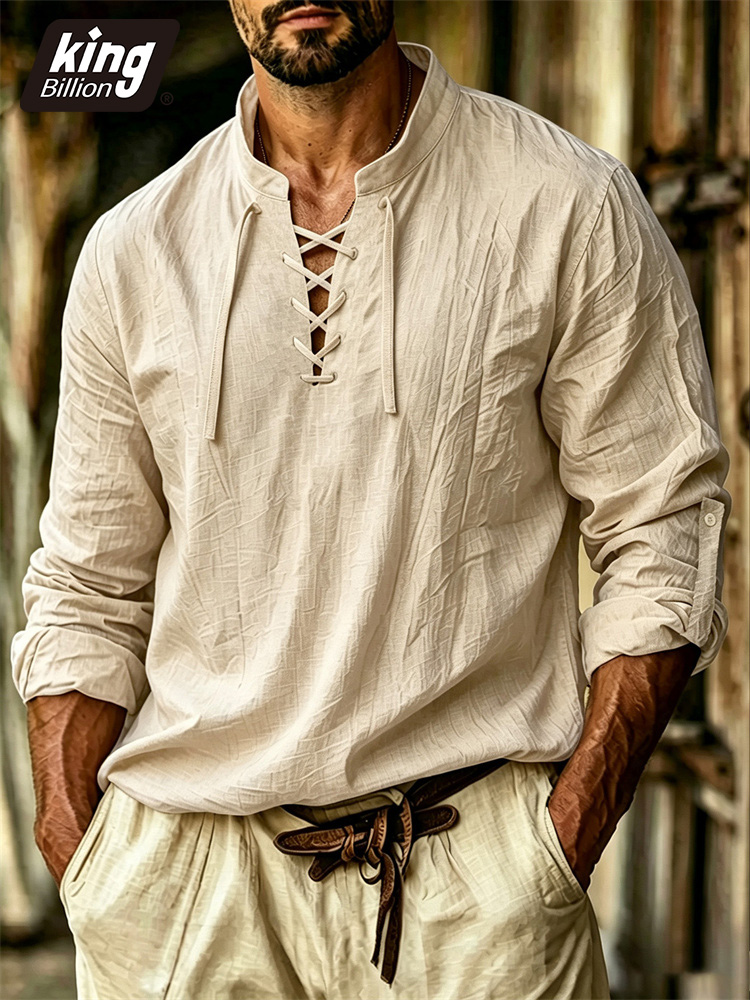 Medieval Gothic Lace Up Pirate Shirt - Heren T-shirt met V-hals Piraten Middeleeuws