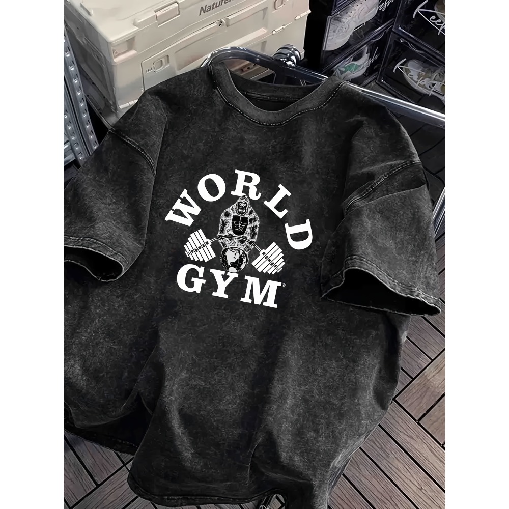 Acid Wash Vintage Graphic T Shirt - World Gym Gorilla Gewichten optillen T-shirt