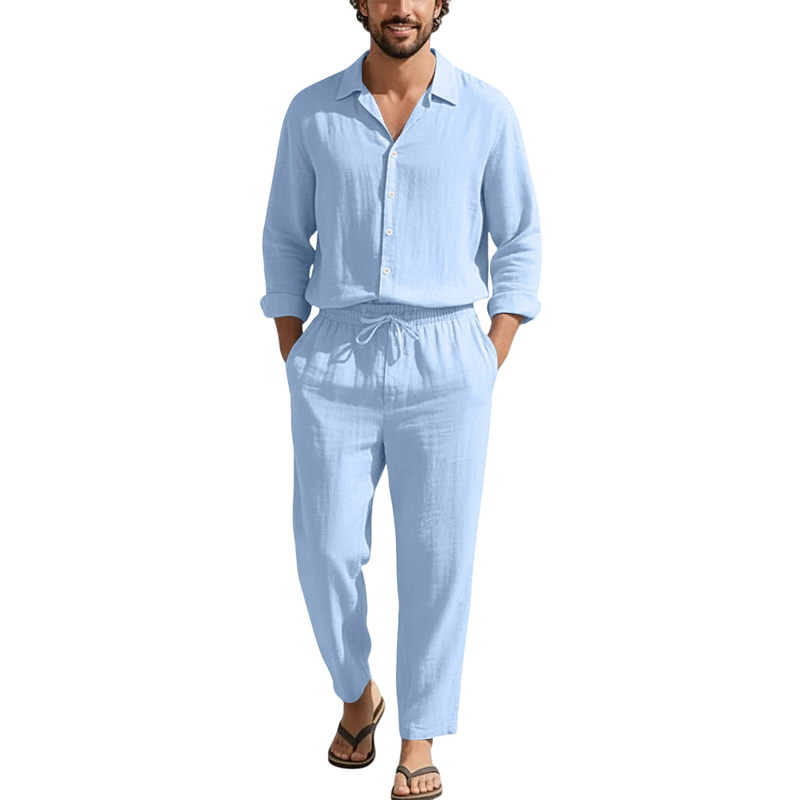 Mens Linen Shirt Long Sleeve - Lente Zomer Linnen Casual Sets Losse